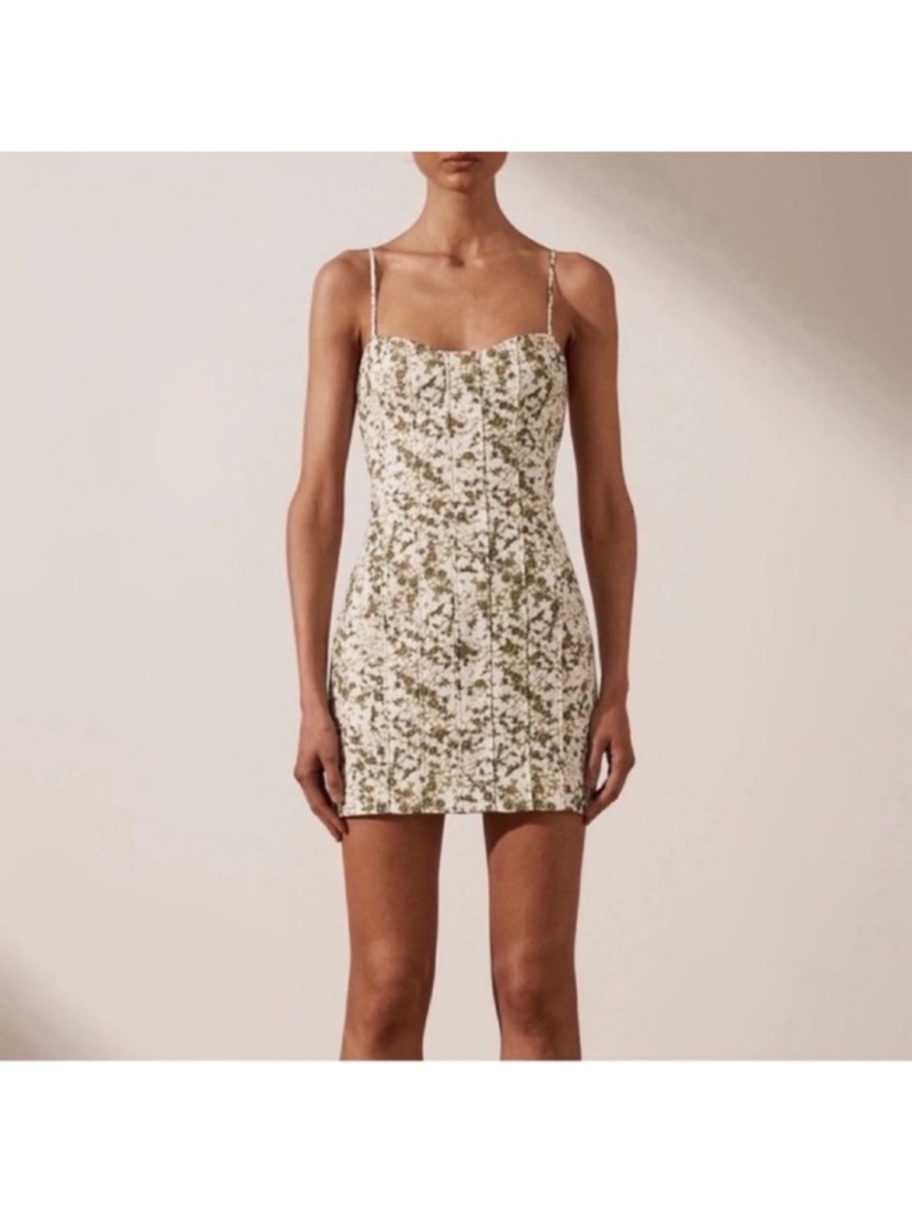 Shona Joy Suzette Corded Mini Dress Size US 2 Green Ditsy Floral Fitted Linen - Picture 4 of 12